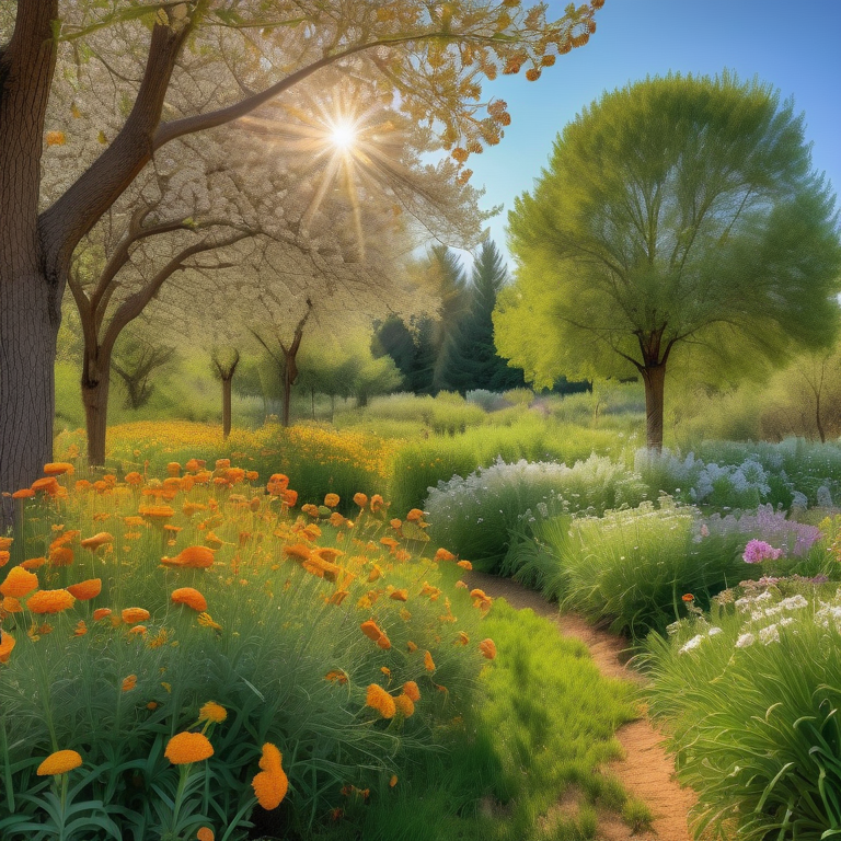 Apple trees with blossoms among marigolds and herbs, bees and butterflies visible, in a sunlit orchard.